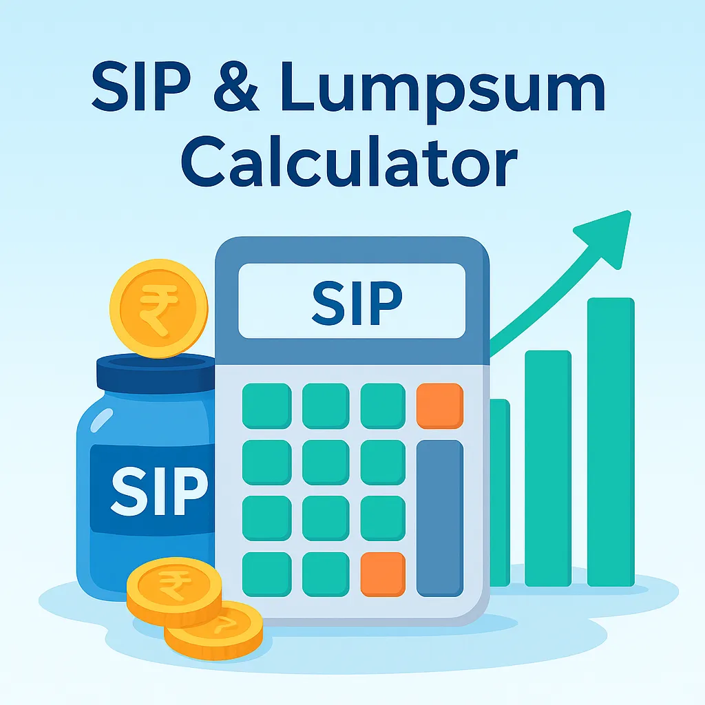 SIP and Lumpsum calculator illustration for mutual fund investment planning with coins and growth charts.