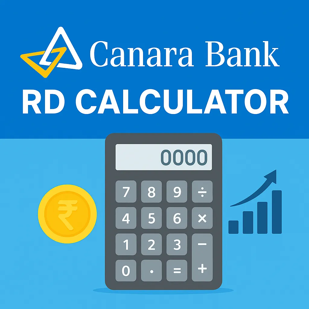 Canara Bank RD Calculator featured image showing calculator, coins and growth chart for estimating recurring deposit maturity online