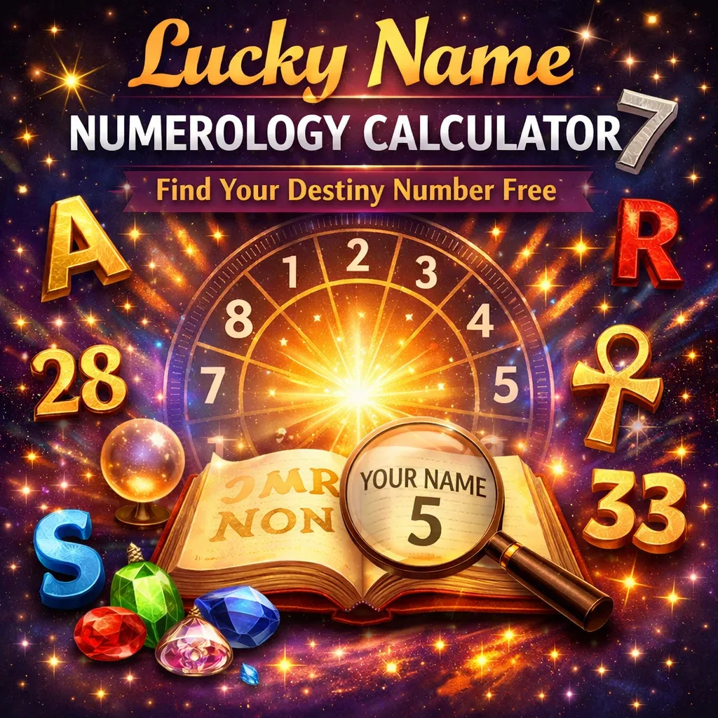 Featured image for Lucky Name Numerology Calculator showing mystical numbers, glowing letters, and energy waves to find your destiny number using Chaldean numerology